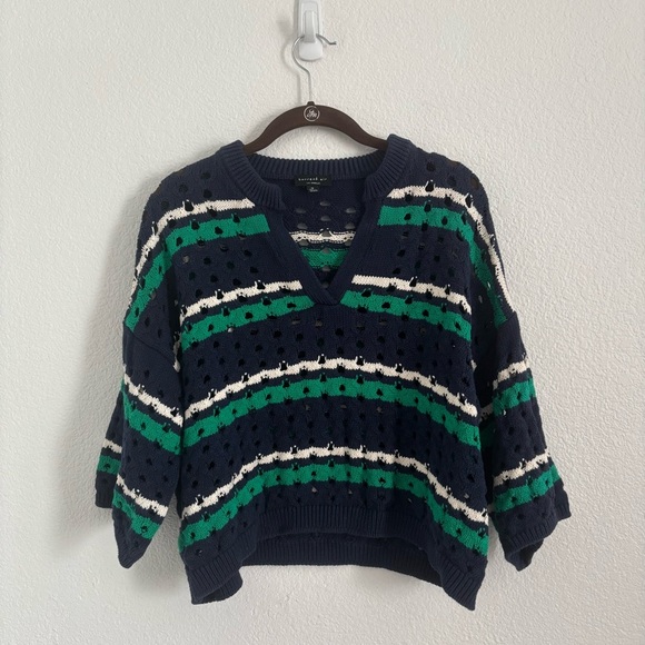 Current Air Women's Size Medium Blue Green Striped Crochet Sweater - Picture 2 of 6